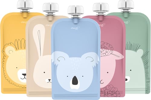 Cherub Baby Refillable Food Pouches 5 Pack 150ml Leakproof Freezer Safe BPA-Free Squeeze Bags for Toddler Baby Snacks Reusable Easy Fillable Animal Printed Pouch for Homemade Smoothies Purees Yoghurt