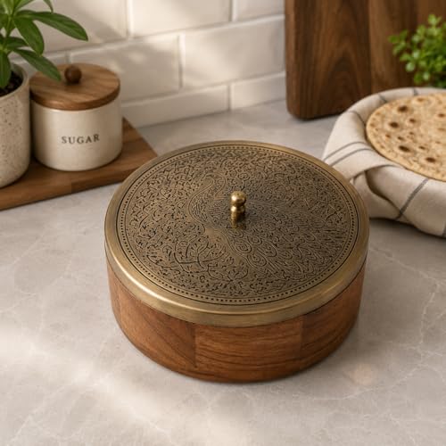 Image of D&G Homes Wooden Chapati Box Casserole | Kitchen Dabba With Lid | Dining Server For Rotis | Traditional Roti Storage Organizer | Durable And Elegant Design (Peacock Design Antique Finish)