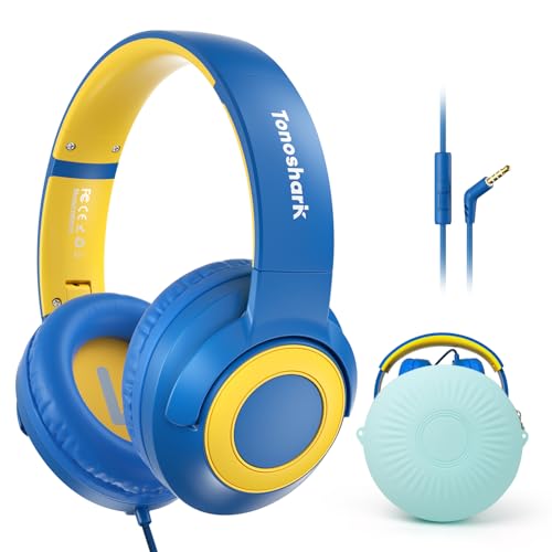 TONOSHARK Kids Wired Headphones with Microphone, Volume Limited to 85/94dB, Foldable 3.5mm Jack Headset for Girls, Pink Over-Ear Headphones for School, Study & Travel, Includes Carry Case（Bl