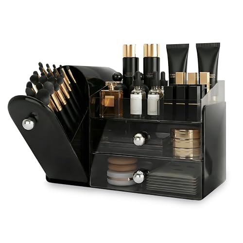 lurcns Makeup Organizer with Dustproof Brush Holder for Vanity Large Cosmetics Organizer and Bathroom Countertop Skincare Storage with 2 Clear Drawers for Lipstick Perfume Eyeshadow Palettes Black