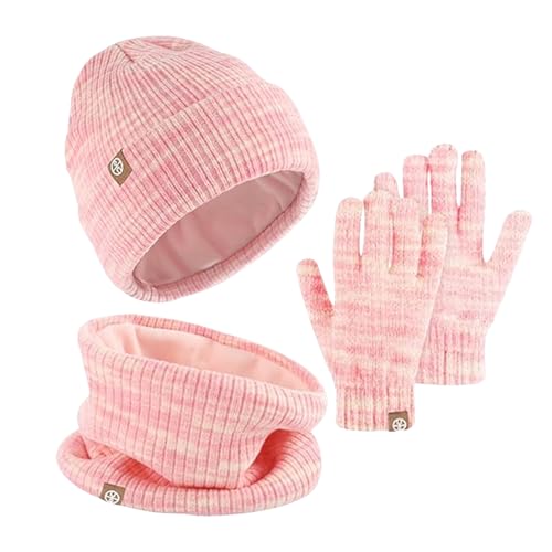 AWAVM Kids Winter Hat Scarf Gloves Set 3 PCS Warm Thermal Knitted Beanie Cap Snood Neck Warmer Touchscreen Mitten Soft Fleece Lining Elastic for Children Aged 5-12 Outdoor Sports (Pink Mix)