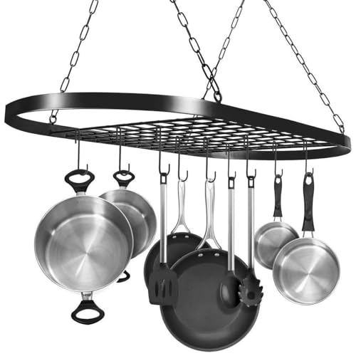 Hanging Pot Rack, Heavy-Duty Metal Kitchen Organiser with 10 Hooks, Ceiling-Mount Pan Hanger for Cookware and Utensils