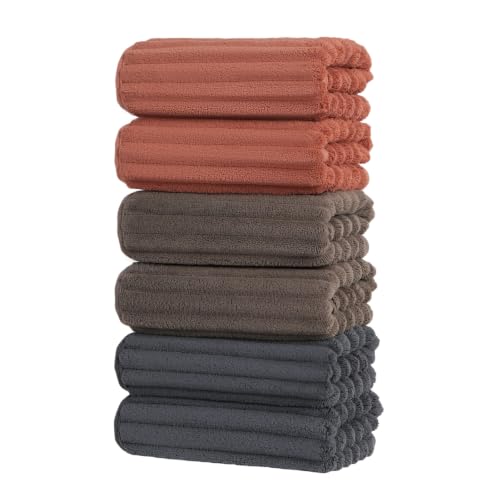 ZVH Hand Towels for Bathroom 6pcs 14X29.5inch Quick Dry Microfiber Super Soft Hand Towels with Hanging Loops for Spa Kitchen Hotel (Brick red+Dark Grey+Brown Set of 6)