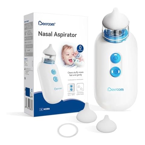 Berrcom Electric Nasal Aspirator for Baby, Baby Nose Sucker for Toddler Electric Nose Suction with Adjustable 2 Suction Levels, 2 Silicone Tips Automatic Nose Cleaner Cover
