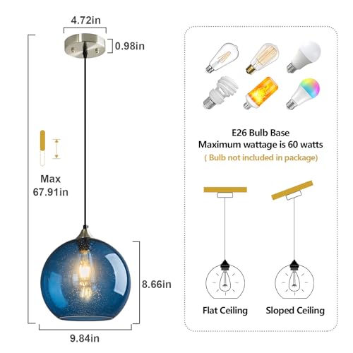 Image of Blue Glass Pendant Lights Kitchen Island Lighting Globe Pendant Light Fixtures Modern Pendant Lighting for Kitchen Island Bedroom Living Dining Room Light Fixture(9.84in, 3-Pack)
