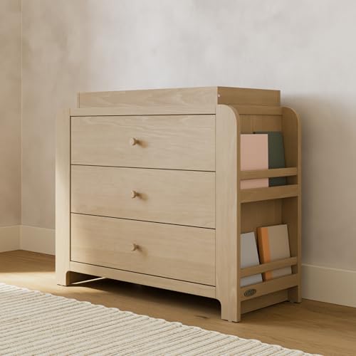 Image of Graco Read-with-Me 3 Drawer Chest with Bookshelves and Removable Changing Topper - GREENGUARD Gold Certified, Nursery & Kids' Bedroom Wood Chest with Spacious Storage (Driftwood)