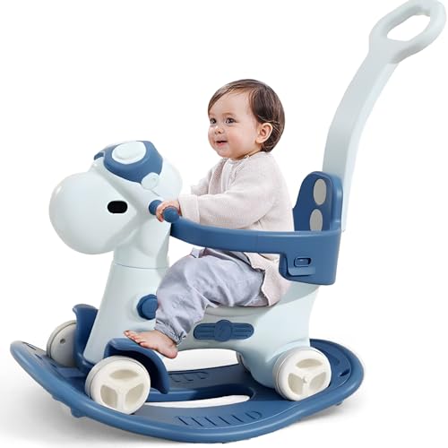 4 in 1 Rocking Horse for Toddlers 1-3 Years Old, Baby Rocking Toy Fun Birthday Gift for 1+ Kids, Ride on Toy with Guard Rails, Detachable Balance Board and Footrest with Push Handle (Blue)