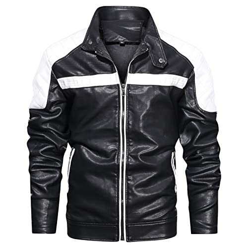Maiyifu-GJ Motorcycle Jacket for Men Faux Leather Zip Up Windproof Moto Coat Stand Collar Vintage Bomber Windbreaker (White,XX-Large)