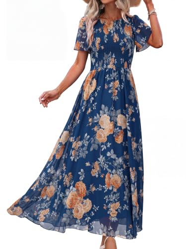 Image of Simplee Womens Casual Floral Summer Maxi Dress 2026 Boho Flowy Short Sleeve Crew Neck Vacation Smocked Chiffon Dresses