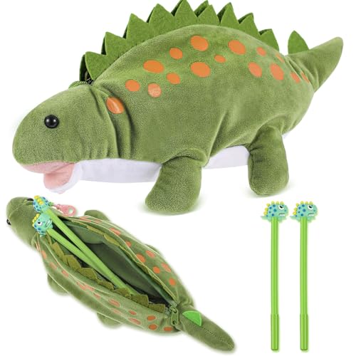 Image of 3 Pcs Green Dinosaur Pencil Pouch for Kids 3D Plush Animal Pencil Case with 2 Fun Pencils & 1 Soft Stationery Bag Ideal Birthday Gift for Boys and Girls, Back to School Supplies