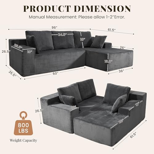 Image of GRUSIGN Cloud Sectional Boneless Couches for Living Room, Modular L Shaped Couch with Deep Seat Oversized Right Facing Chaise, Memory Foam Compressed Spineless 3 Seater Sofa, Grey