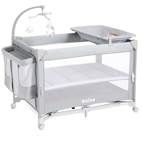 Image of GAIVE Baby Bassinet Bedside Crib, Pack and Play with Mattress, Diaper Changer, One-Push Setup Playards from Infants to Toddlers (Grey)