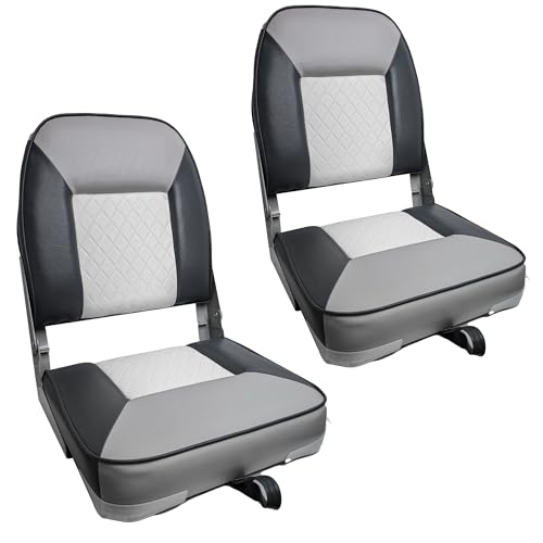 Qcunmag Boat Seats 2 Pack, Low Back Folding Fishing Jon Bass Boat Chair With Soft Sponge Pad (White/Gray/Charcoal)