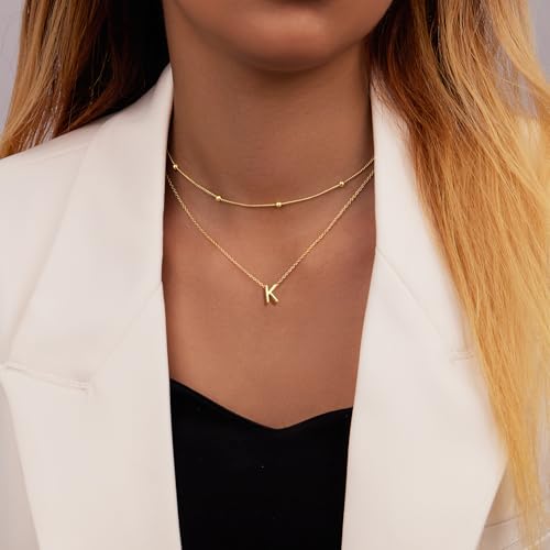 Initial Necklaces for Women 14K Gold Silver Plated Letter Jewelry Non Tarnish Layered Dainty Cute A-Z Pendant Choker Necklace Waterproof Trendy Name Necklace Personalized Jewelry Gift for Women3