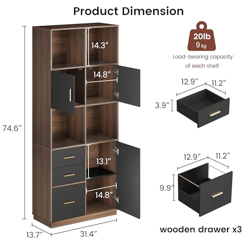 Image of ModernMate 74.6 inch Tall Bookcase with 3 Drawers & Doors, Open Cubes