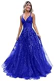 Eightale Glitter Lace Long Sparkly Prom Dresses Tulle with Appliques for Women V-Neck Spaghetti Straps with Slit Formal Party Gown US12 Royal Blue