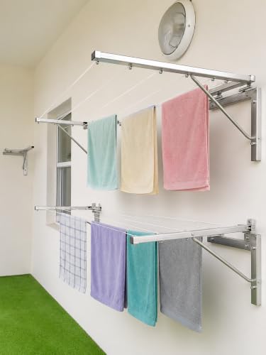 Image of Clothes Drying Stand Wall Mounted /Cloth Dryer Stand /Clothes Hanger for Drying Clothes Foldable for Home Or Balcony with 50 Feet Rope and Fasteners Set (Heavy Duty -Stainless Steel)