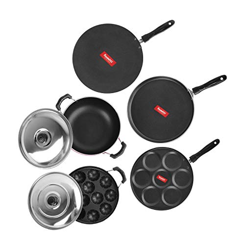 Image of Sumeet Non-Stick Aluminum Cookware Set (Dosa Tawa - 26.5 cm; Multi Snack Maker - 26.5 cm; D Kadhai with Lid 1.5 L; Grill Appam Patra with Lid - 23 cm; Concave Tawa -28 cm, 2.6 mm Thick, Ruby Red)
