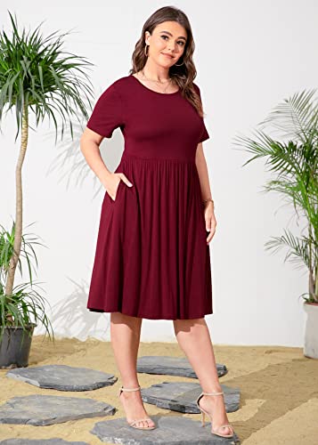 Image of POSESHE Womens Plus Size Summer Dress 2026 Casual Short Sleeve Empire Waist Loose Fit Swing T-Shirt Dress with Pockets