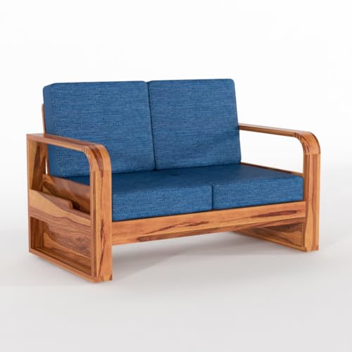 Image of Sheesham Wooden 2 Seater Sofa for Living Room | Solid Wood Sofa with Side Pocket Storage & Cushion | Rosewood Sofa Set for Home & Office | Lounge (Honey with Blue Cushion, 2 Seater)