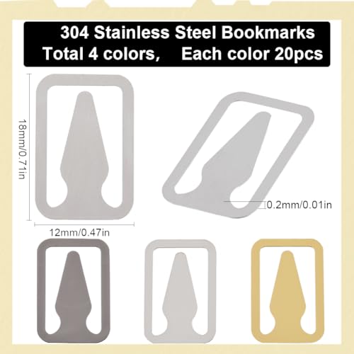 SUNNYCLUE 1 Box 80Pcs 4 Colors Bookmark Clips Stainless Steel Bookmarks Silver Gold Black Book Mark Rectangle with Arrow Metal Line Page Book Markers Accessories for Reading Books lover Women Men - Image 2