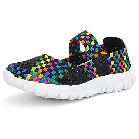 ERLINGO Womens Walking Shoes Woven Light Weight Elastic Trainers Breathable Walking Fashion Sneakers Comfort Slip On Sport Shoes Mary Jane Flat Sneakers Cover