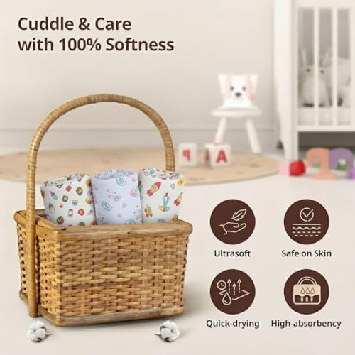 Image of Trance Home Linen Super Soft 100% Cotton Malmal Swaddle Cloth I Swaddle Wrap | Swaddle for New Born Baby | Cotton Baby Swaddle|Baby Shower Gift Set (100x100 cm,Nursery Design,Pack of 3)