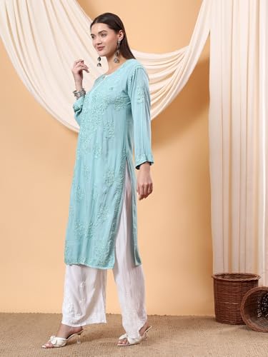 Image of POSHAK CHIKAN STUDIO Women's Hand Embroidered Lucknowi Chikankari Modal Straight Long Kurta, heer