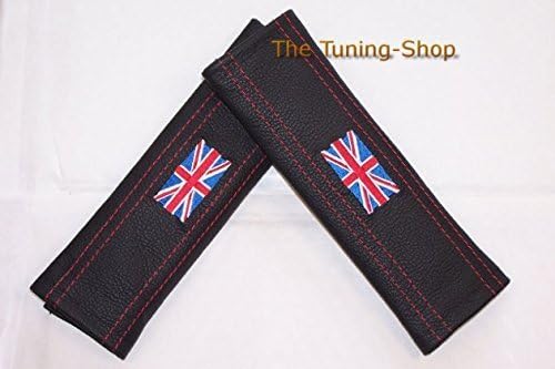 Ltd Seat Belt Covers Pads X2 Shoulder Leather Red Stitch Embroidery Union Jack UK Flag 22Cm X 6Cm