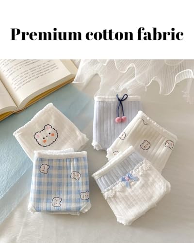 Cute Bear Korean Ruffled Panties for Teen Girls Breathable Cotton Fabric Mid Rise 5 Pairs Cartoon Anime Underwear (Medium) White4