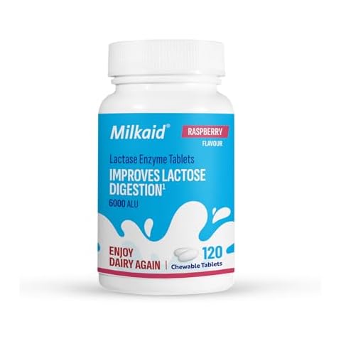 Milkaid Lactase Enzyme Chewable Tablets for Lactose Intolerance Relief | Prevents Gas, Bloating & Diarrhea | Fast Acting Dairy Digestive Supplement (120 Tablets, Raspberry) Cover