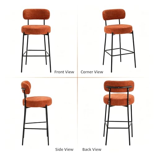 Image of Counter Height Bar Stools, Boucle Upholstered Bar Stools with Back and Footrest,30 Inch Counter Stools Metal Frame,Heavy Duty Modern Bar Chairs for Kitchen Island, Orange Barstools Set of 6