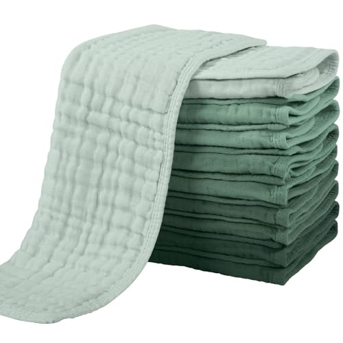 Yoofoss Muslin Cloths, Pack of 10, Muslin Nappies, Burp Cloths, 100% Cotton, 27 x 50 cm, 6-Layer Absorbent Washcloths, Folding Nappies for Baby, Newborn, Colour Gradient, Green