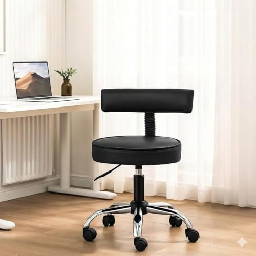 CSS Round Stool with Back for Drafting, Lab, Factory, Work, SPA, Shop, Home Office, Massage, Height Adjustable 19-24 Inch, Swivel Chair with Wheels, Black, Weight Capacity 130 KG