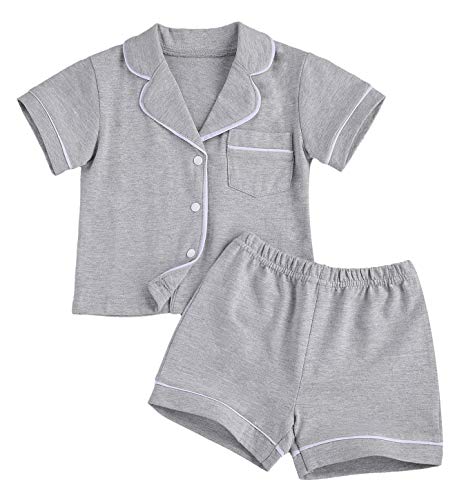 Unisex Baby Organic Cotton Pajama Sets, Toddler Girls Boys Short Sleeve Button-Down Top & Shorts 2-Piece Sleepwear (Q-Gray, 1T)