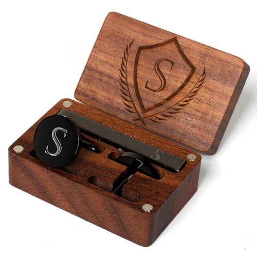 Image of Mens Initial Cufflinks and Tie Clip A-Z Alphabet Letter Black Stainless Cuff Links Tie Bar with Engraved Walnut Wood Box Groom Groomsman Wedding Set