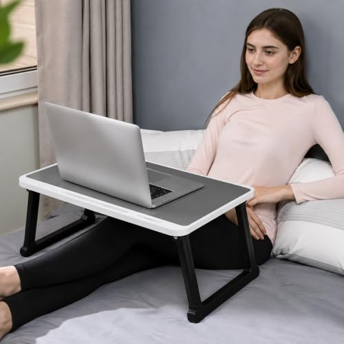 Image of Portable Laptop Table for Study & Writing | Foldable Bed Table with White Bidding Finish | Scratch Resistant Wooden Top | Heavy Duty Rust-Free Legs | Multipurpose Study Desk with Drawer (Grey)
