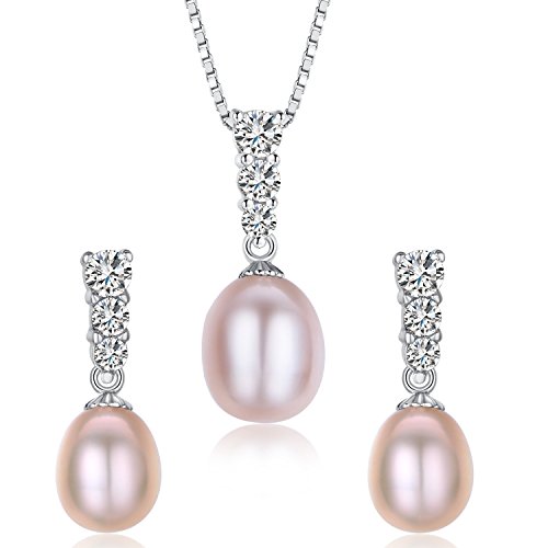 DIAMOVI Water Drop Pearl Stud Earrings & Silver Chain Pendant Set| Good Quality Natural, Flawless Freshwater Pearl & 925 Sterling Silver| The Most Unique Fashion Jewelry Set (2 | Pink Pearls)