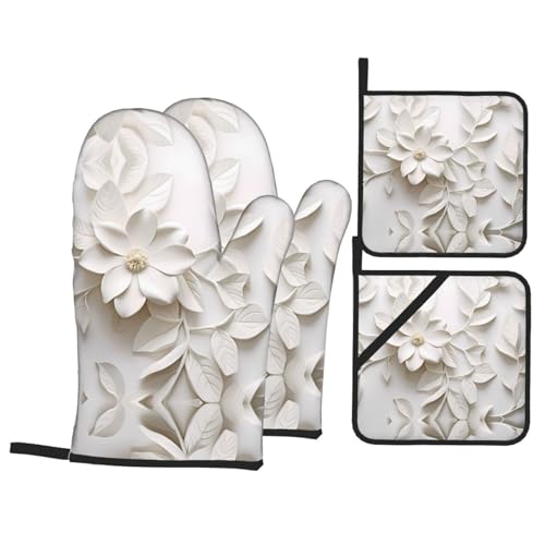 LLKGOT Juego de 4 manoplas de horno con grabado blanco puro para hornear en la cocina, impermeables, resistentes al calor y duraderos