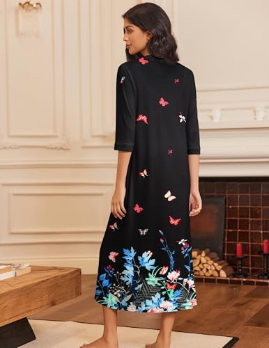 Ekouaer Women's Zipper Robe 3/4 Sleeves Housecoat Full Length Nightgown Soft Loungewear Robe with Pockets S-3XL4