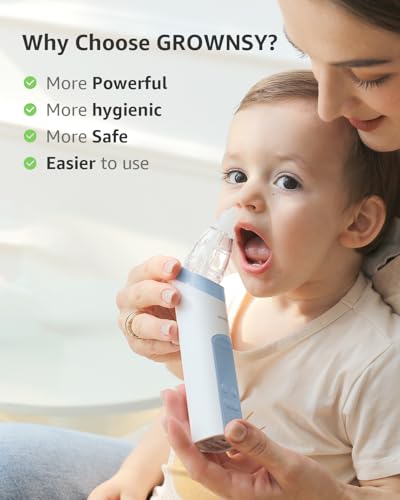 Image of GROWNSY Nasal Aspirator for Baby, Electric Nose Aspirator for Toddler, Baby Nose Sucker, Automatic Nose Cleaner with 3 Silicone Tips, Adjustable Suction Level, Music and Light Soothing Function, Blue