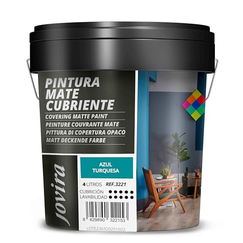 JOVIRA PINTURAS Pintura Mate Cubriente | Colores | Pintura interior-exterior con excelente poder cubriente. (4 Litros, Azul Turquesa)-T