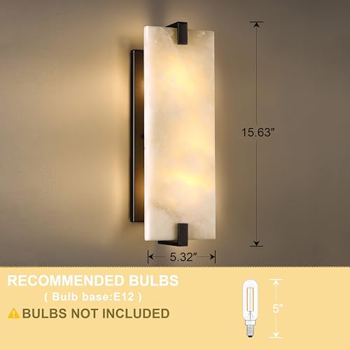 Image of 15.7 inch Natural Square Alabaster Marble Modern Concise 2 Light Wall Sconce Fixture,Black Finish for Bathroom Bedroom Hallway Bedside Staircase Vanity Mirror