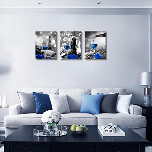 Wine Decor Kitchen Canvas Art Blue Wine Rose Artwork For Home Walls Black And White With Blue Wine Painting Printed Rose Art Dining Room Decor Blue Kitchen Pictures Wall Decor Stretched 12X16Inchx3 #TOP3