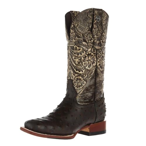 Womens Brown Ostrich Print With 12In Black Tooled Top Cowgirl Boots