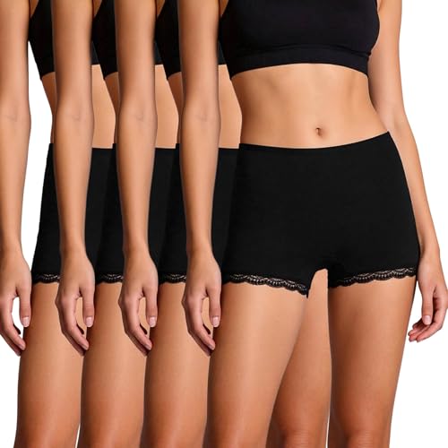 Marvmys Culotte Femme Coton Boxer Shorty Décontracté Femmes Panty Moyenne Slip Billet Doux Vêtements Lot de Plusieurs Pièces Noir avec Bordure en Dentelle