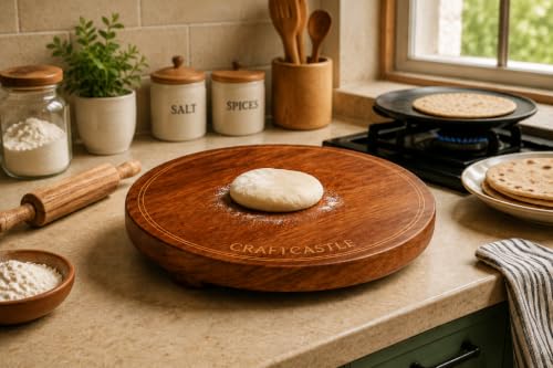 Image of Wooden Floral Design Rolling Board, Teak Wood Chakla, Polpat, Chapati Maker, 10 Inches (Premium Rolling Board)