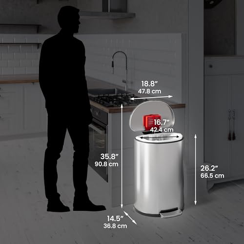 Image of 13.2 Gallon / 50L Fire-Resistant Stainless Steel Semi-Round Step Trash Can for Office, Restaurant, Hotel - FM Approved, Heavy-Duty Pedal Bin with Odor Filter and Removable Bucket