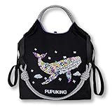 [PUPUKING] M/Lサイズ、刺繍入りエコバッグ、折りたたみ可能、ナイロン素材、ショルダーストラップ付き、ショルダーバッグ、斜め掛けも可能、洗濯可能、防水防汚、大容量、ボールアンドチェーン (Mサイズ黒いクジラ, M)