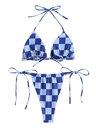 Image of ZAFUL Womens Printed Triangle Bikinis 2 Piece Halter Bikini Sets High Cut Bathing Suit Side Tie Swimsuits